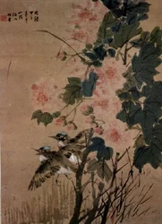 Oiseaux sur un buisson fleuri